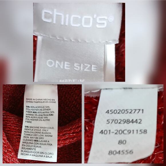 Chico's One Size Red Metallic Point Front Poncho Cowel Neck Asymmetrical Fringe - Picture 5 of 5